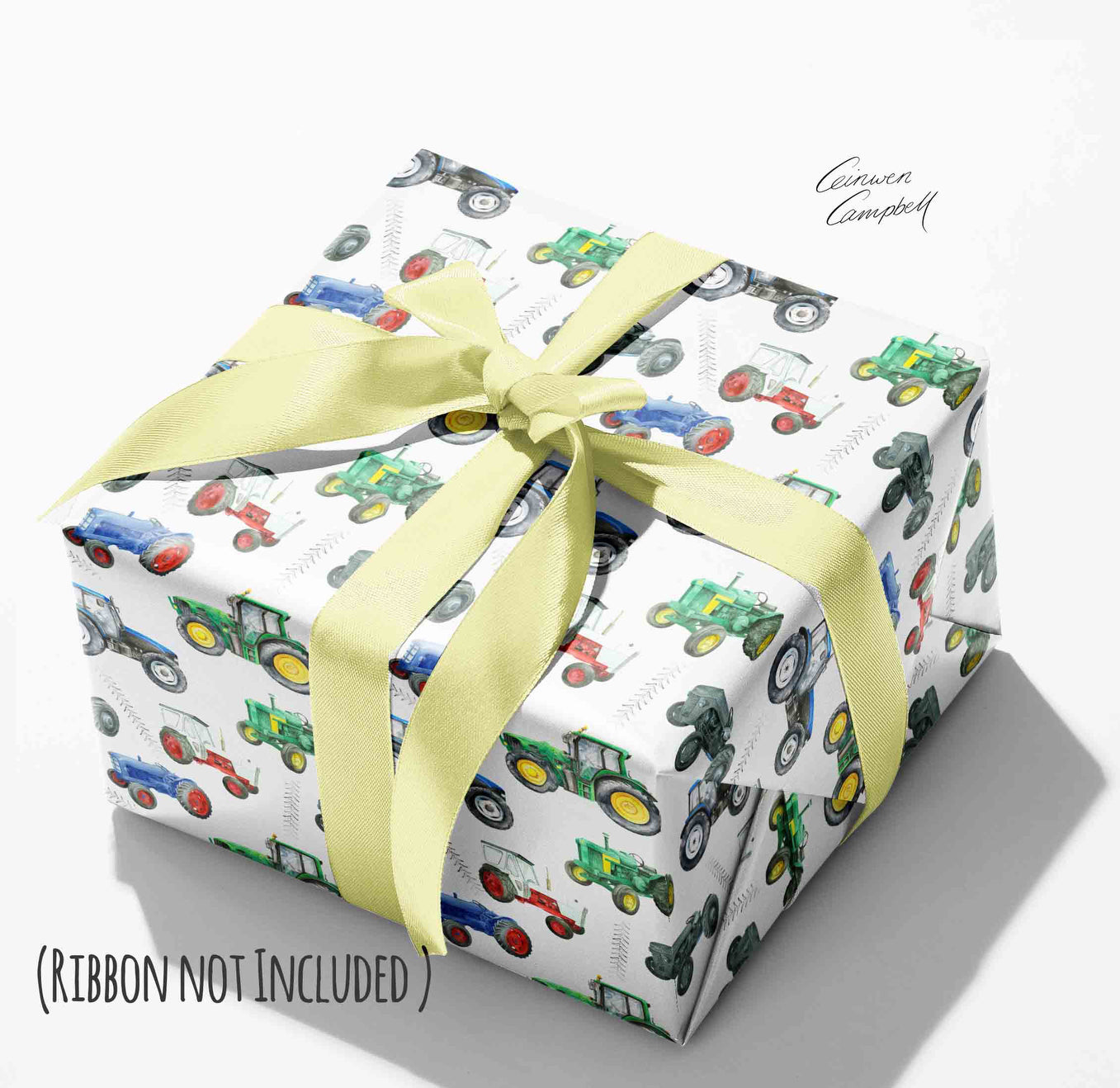 Modern and vintage hand painted tractor design of recycled and recyclable  gift wrapping paper  by Ceinwen Campbell