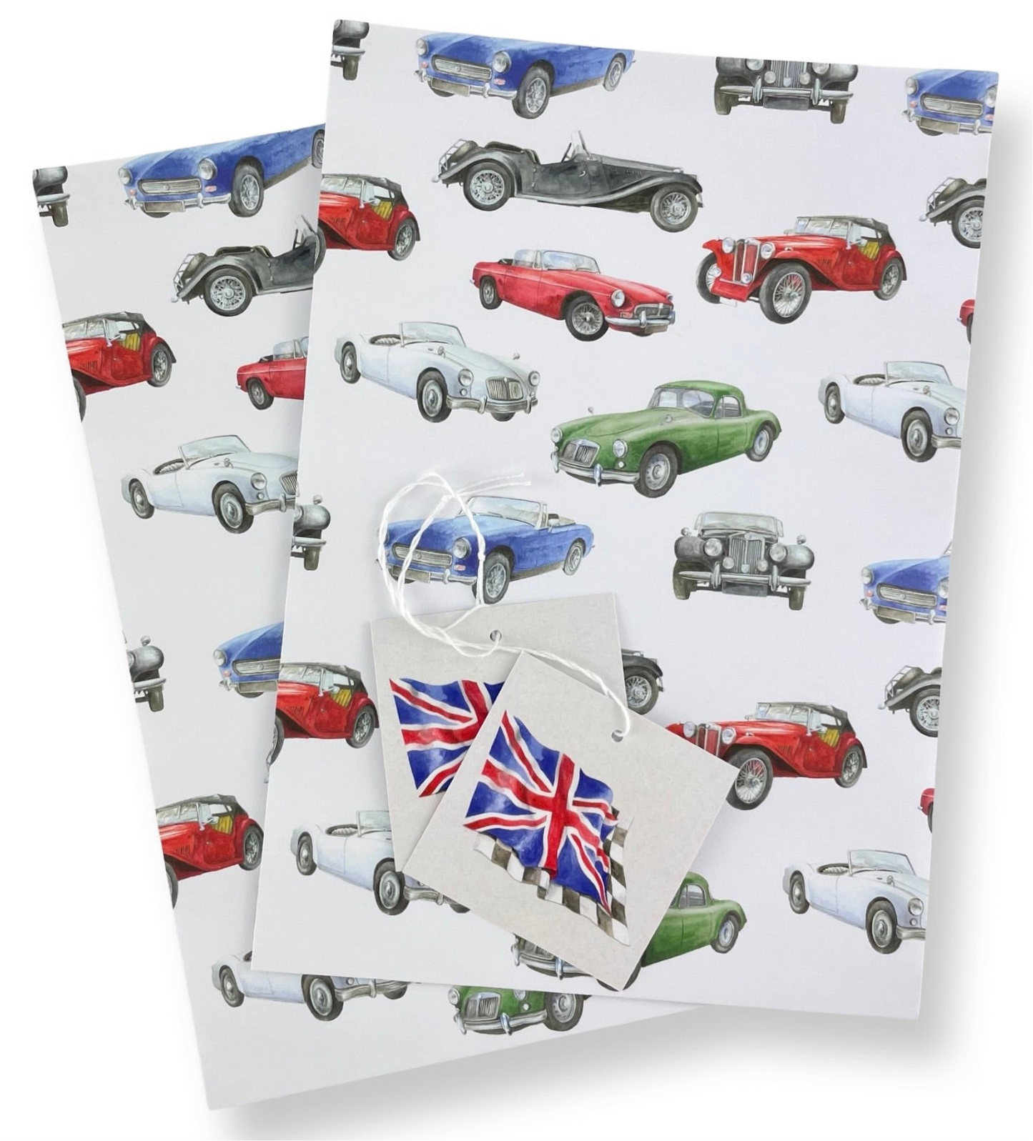 Vintage classic British car recycled and recyclable quality gift wrap made in Britain by Ceinwen Campbell. Includes tags