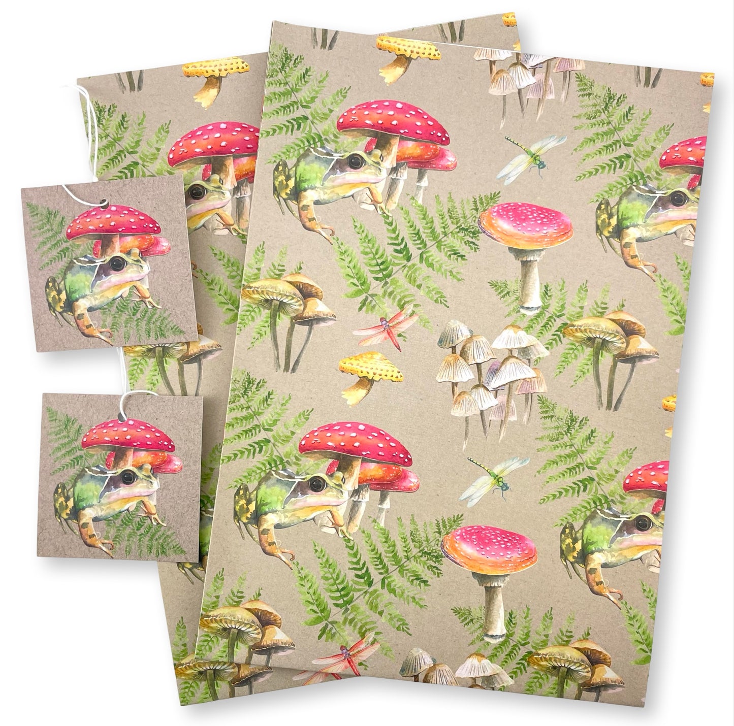 Mushroom and Frog Woodland Wrapping Paper and Tags