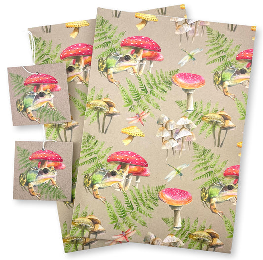 Mushroom and Frog Woodland Wrapping Paper and Tags