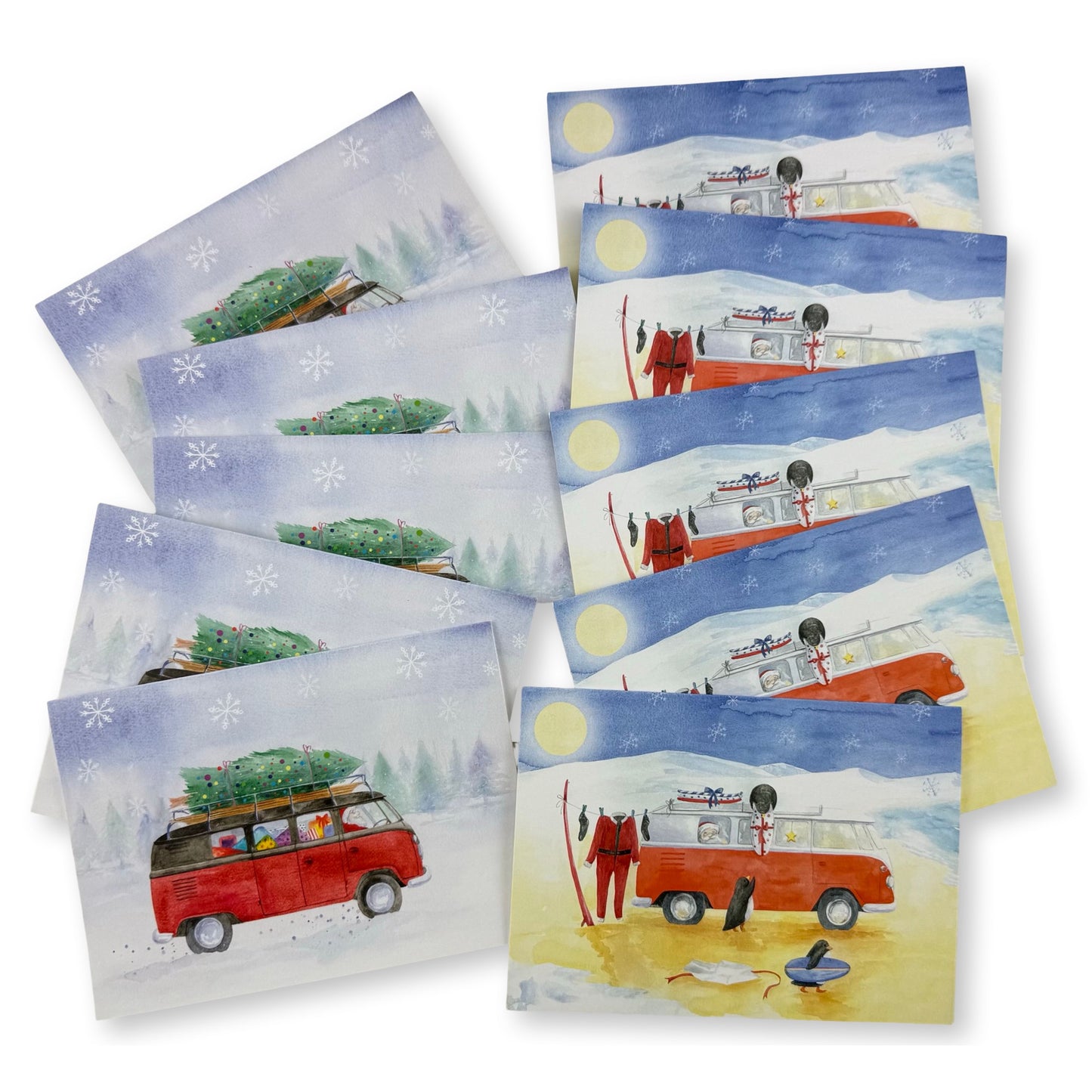 Camper vans inspired by split windscreen Christmas Cards