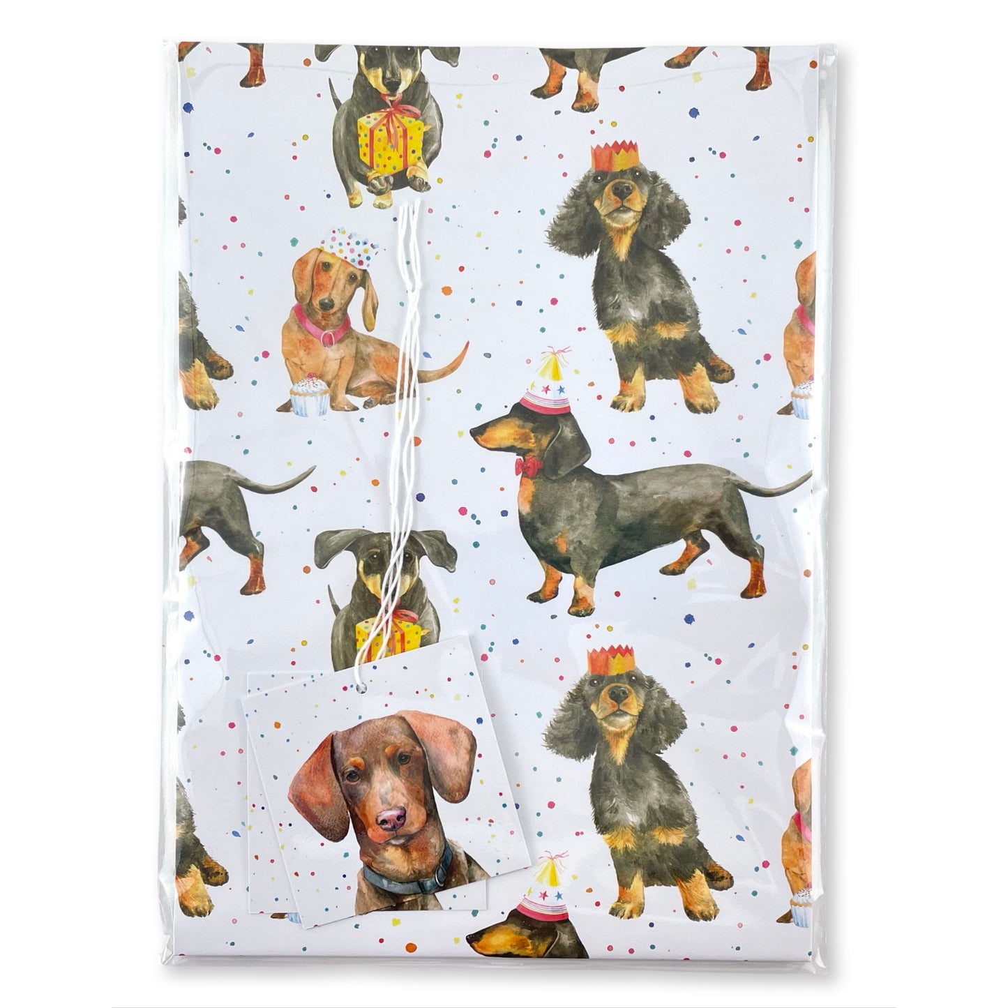 Dachshund, sausage dog hand painted design recycled and recyclable gift wrapping and gift tag set in corn starch packaging