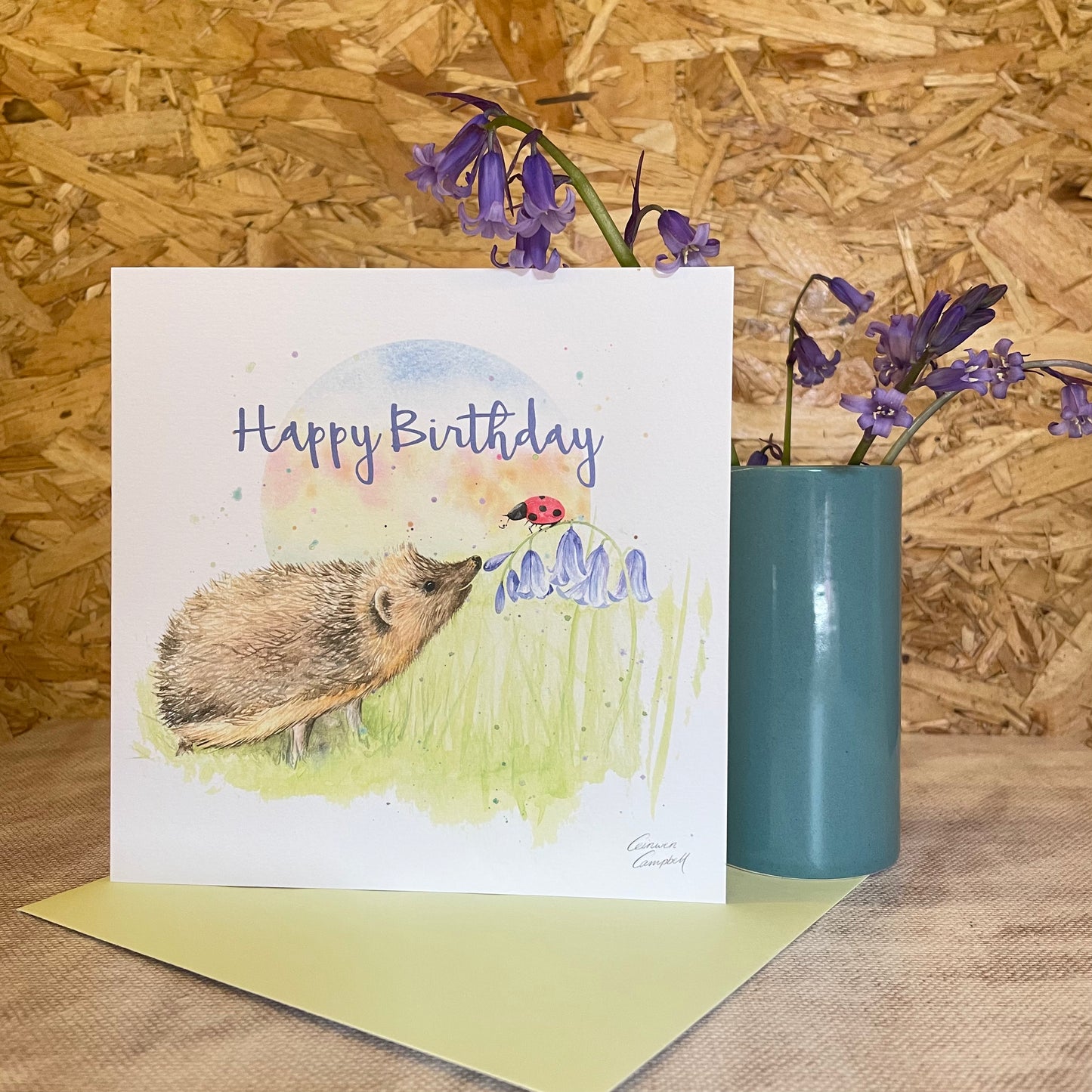 hedgehog, ladybird and bluebells quality blank birthday card by Ceinwen Campbell