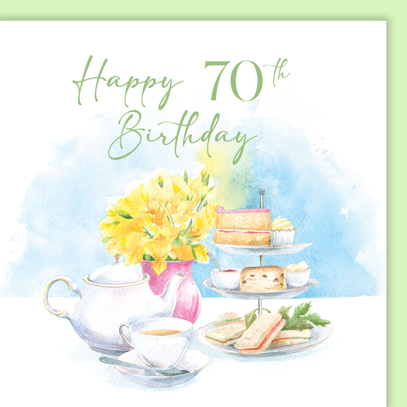 Happy 70th Birthday card with tea set, sandwiches, and flowers on a light blue background