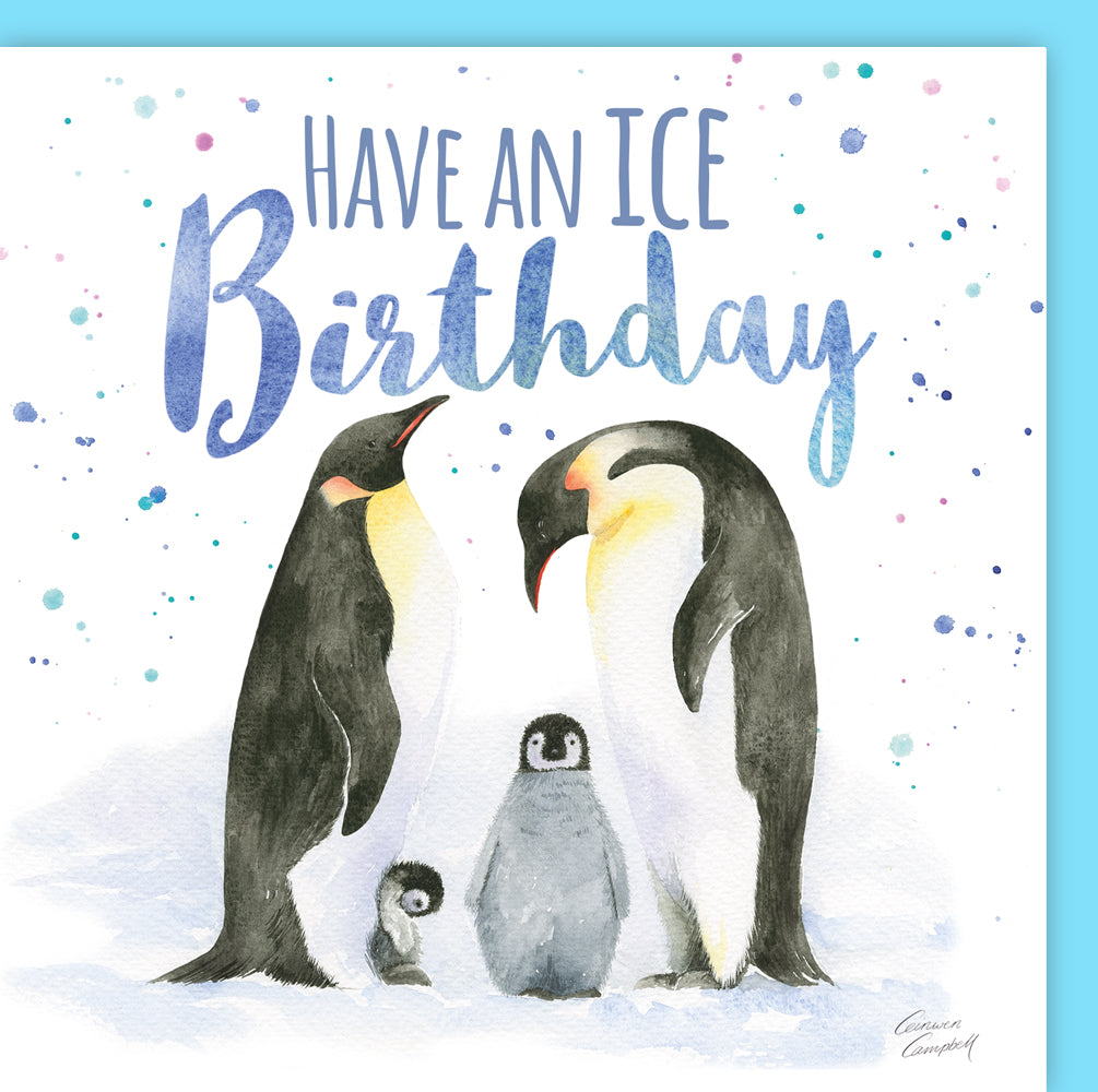 penguin family have an ice birthday card by Ceinwen Campbell