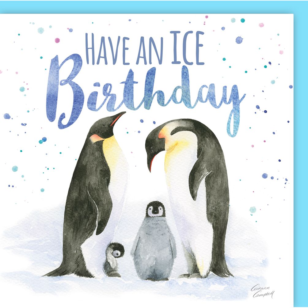 penguin family have an ice birthday card by Ceinwen Campbell