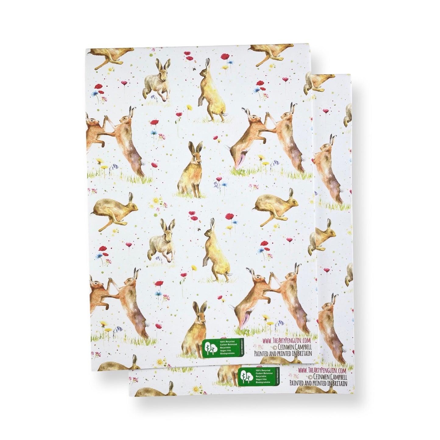 hares with poppies and wild flowers recycled and recyclable gift wrapping by Ceinwen Campbell
