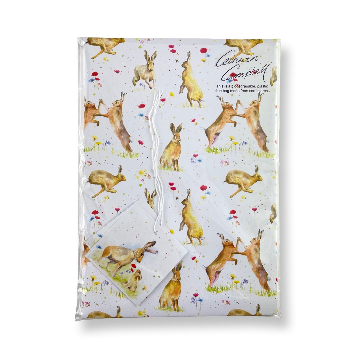 hares with poppies and wild flowers recycled and recyclable gift wrapping by Ceinwen Campbell