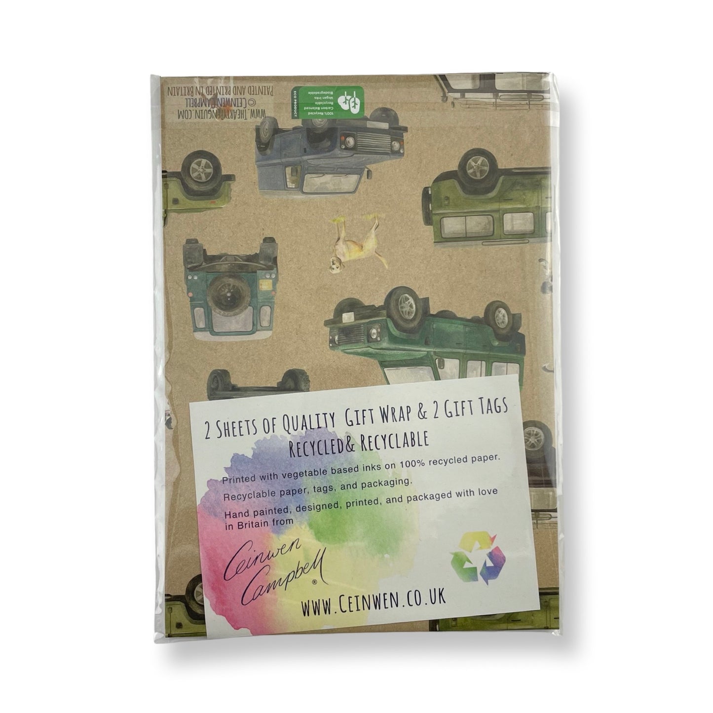 Defender off roader and working dog recycled gift wrapping by Ceinwen Campbell