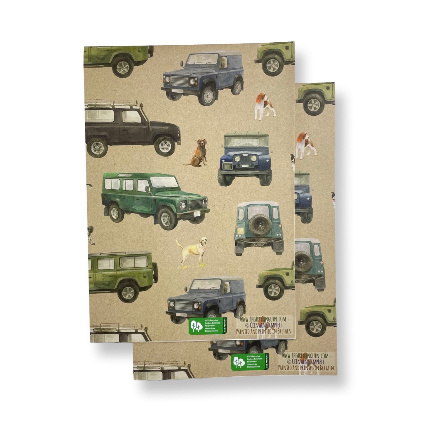 Defender off roader and working dog recycled gift wrapping by Ceinwen Campbell