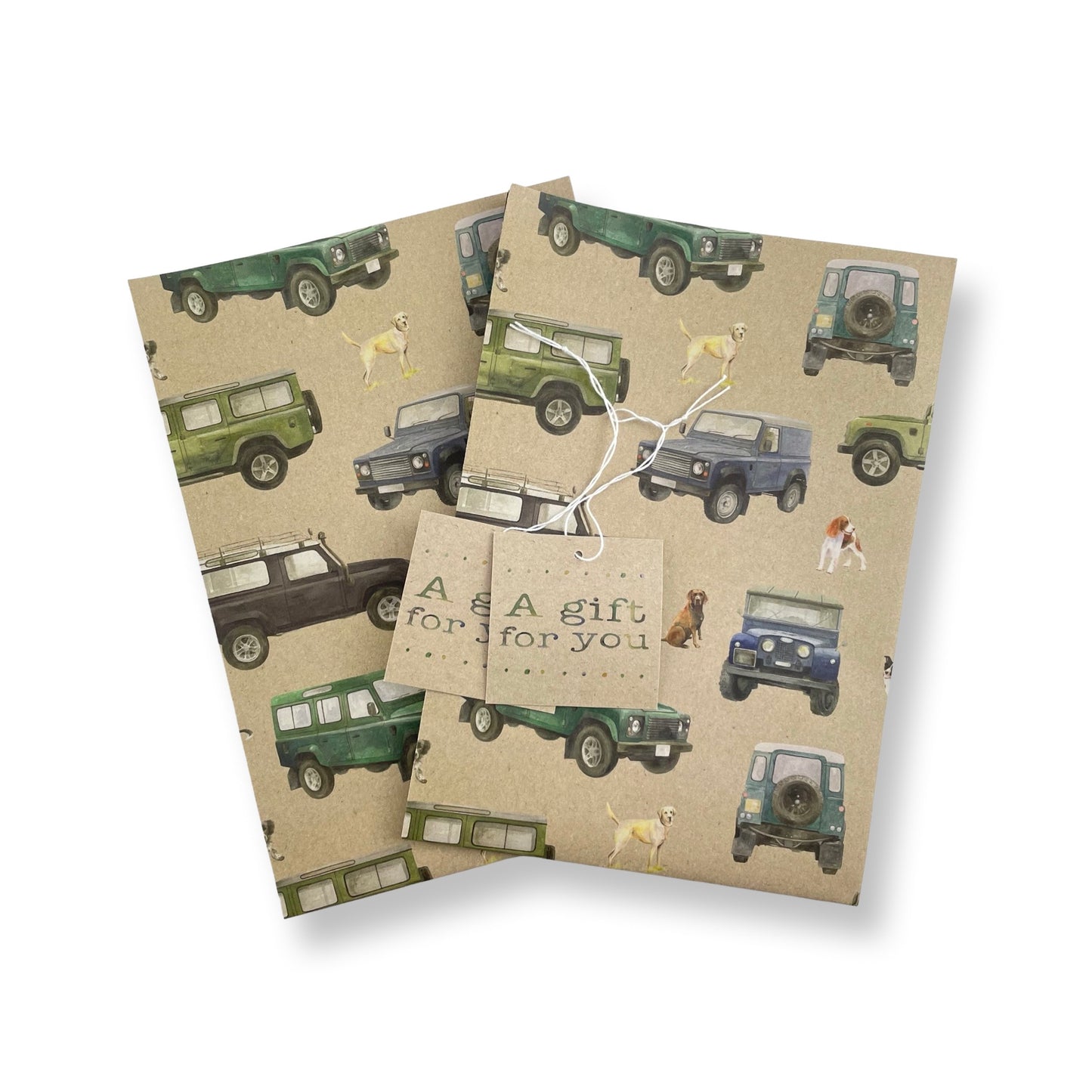Defender off roader and working dog recycled gift wrapping by Ceinwen Campbell