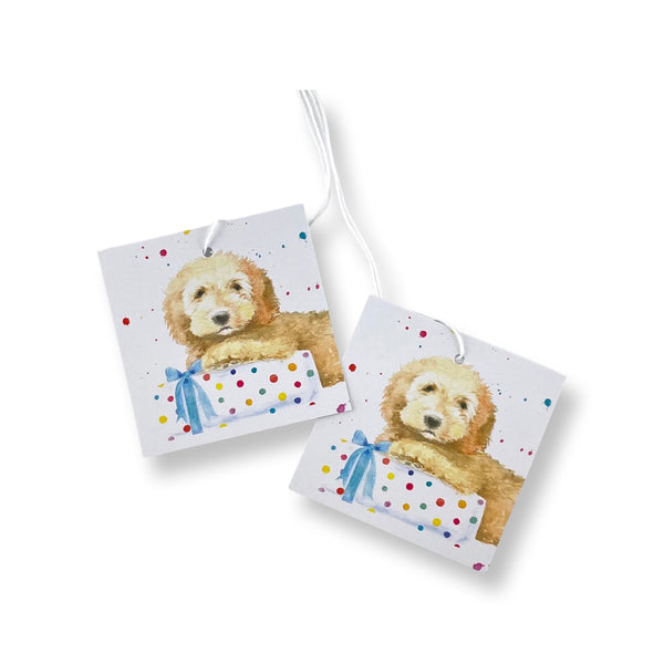 Cockapoo dog recycled and recyclable gift wrapping paper and tags by Ceinwen Campbell 
