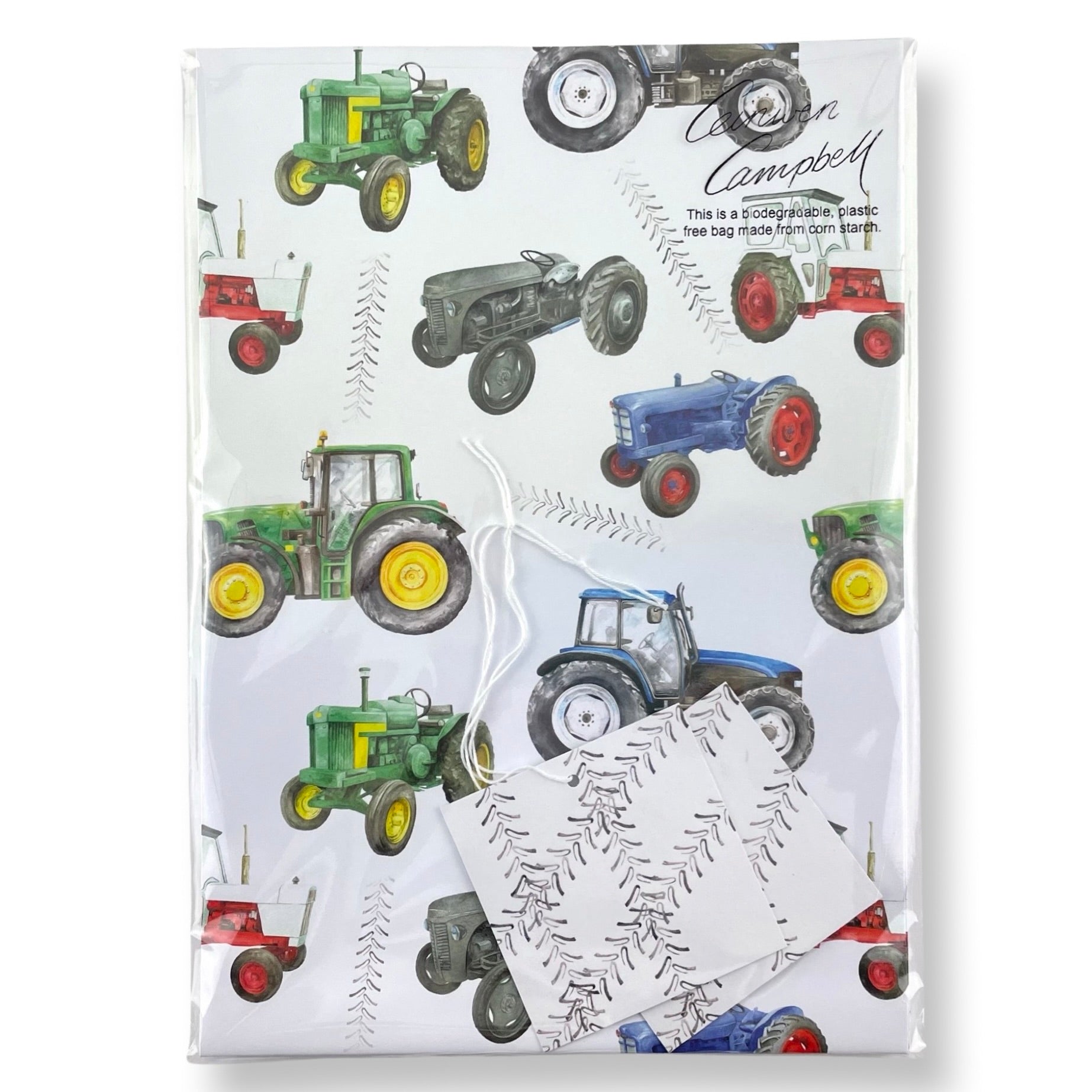 Modern and vintage hand painted tractor design of recycled and recyclable  gift wrapping paper  by Ceinwen Campbell