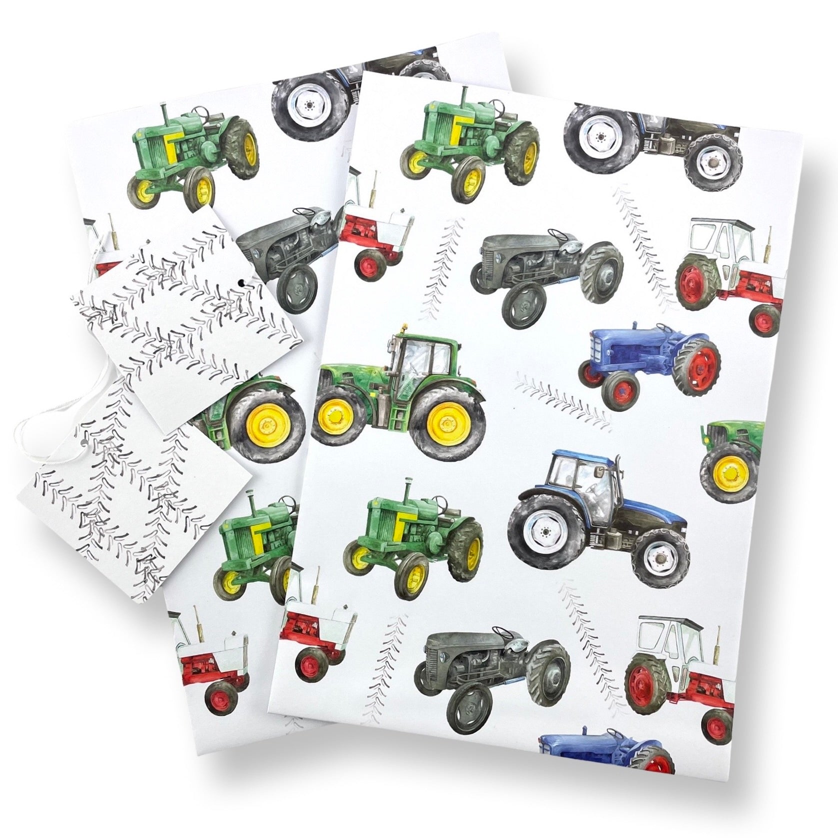 Modern and vintage hand painted tractor design of recycled and recyclable  gift wrapping paper  by Ceinwen Campbell