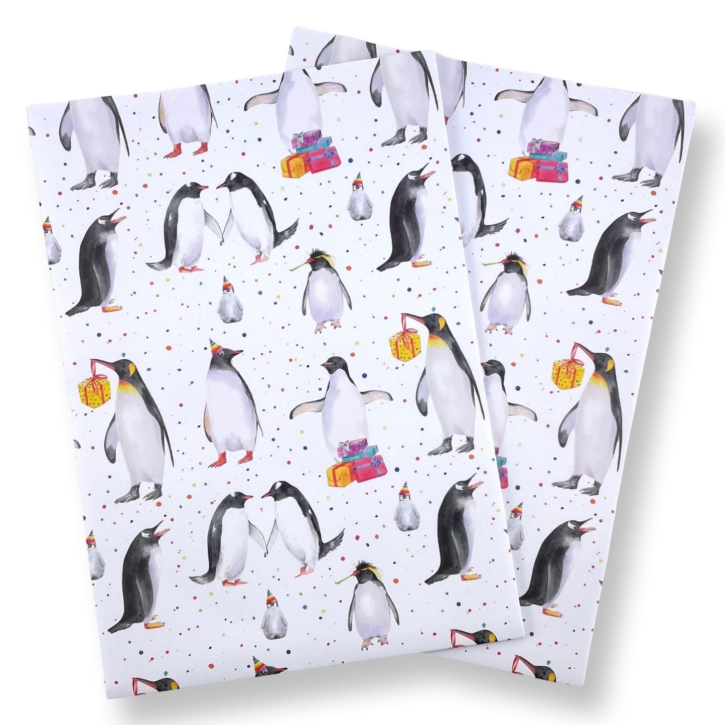 Penguin party recycled and recyclable gift wrap with matching tags by Ceinwen Campbell