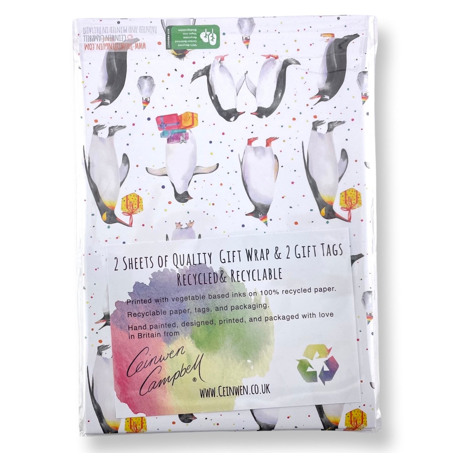 Penguin party recycled and recyclable gift wrap with matching tags by Ceinwen Campbell
