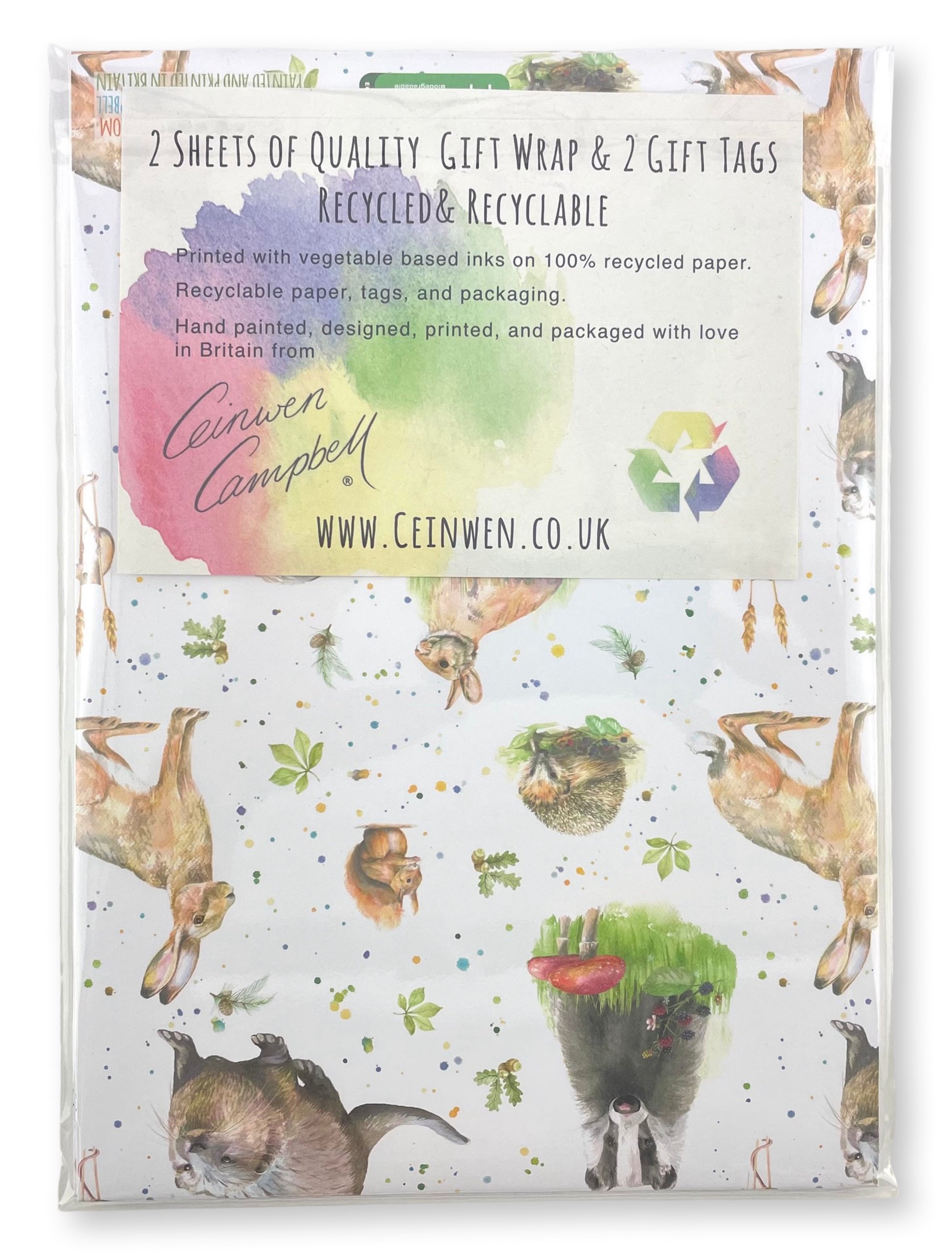 Otter , badger, hare, rabbit squirrel field mouse quality recycled and recyclable gift wrapping and tags in cornstarch packaging
