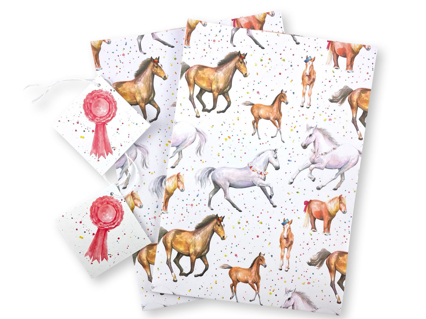 Fun, colourful horse and pony quality recycled and recyclable gift wrapping paper and matching rosette tags. Printed with vegetable based inks in England