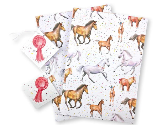 Fun, colourful horse and pony quality recycled and recyclable gift wrapping paper and matching rosette tags. Printed with vegetable based inks in England