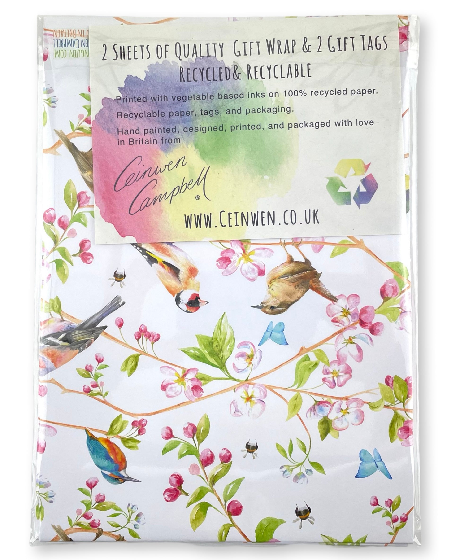 Garden birds recycled and recyclable quality gift wrapping and tags by Ceinwen Campbell - robin, wren , blue tit, cherry blossom folded for postage in cornstarch packaging