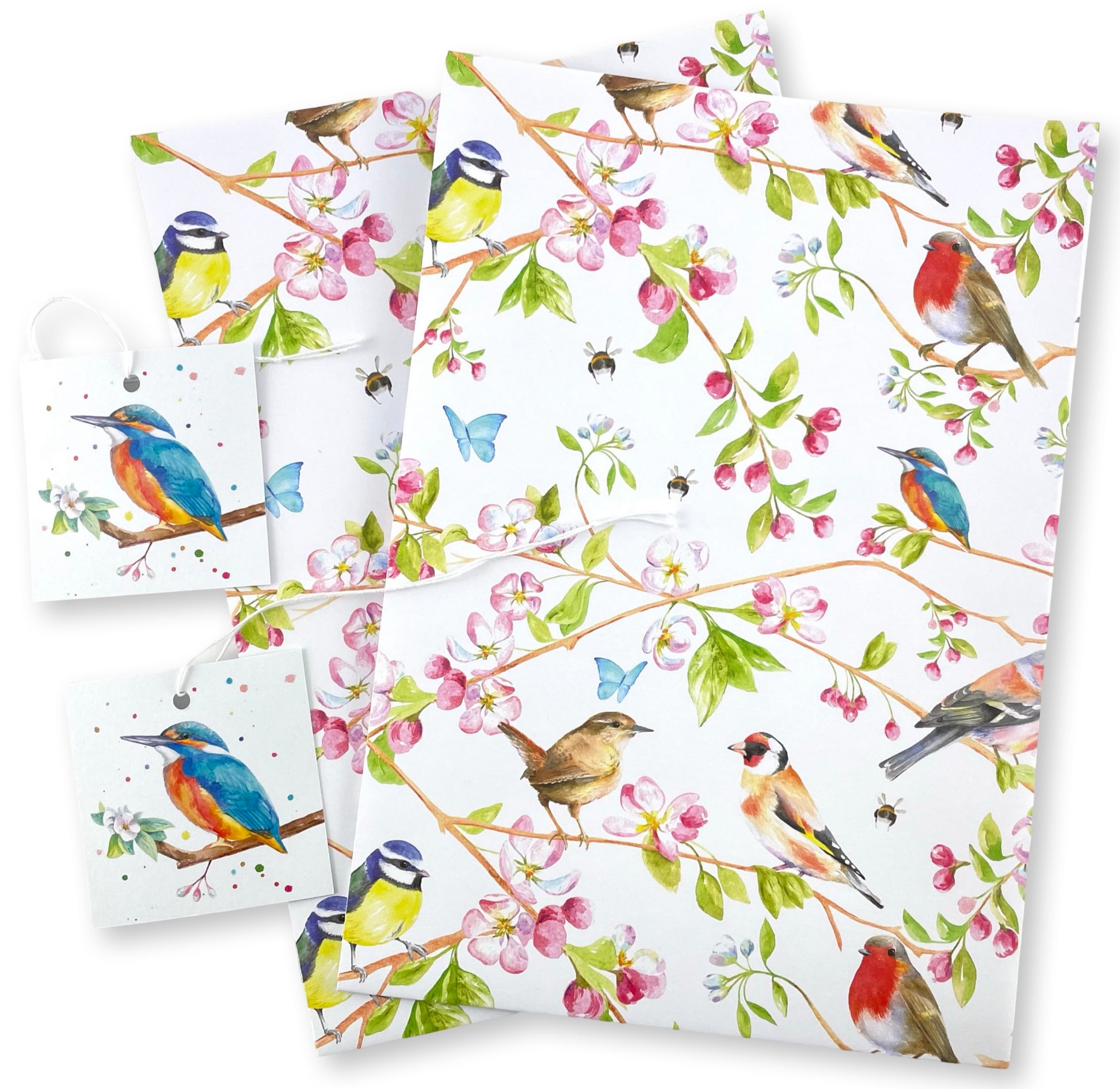 Garden birds recycled and recyclable quality gift wrapping and tags by Ceinwen Campbell - robin, wren , blue tit, cherry blossom