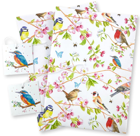 Garden birds recycled and recyclable quality gift wrapping and tags by Ceinwen Campbell - robin, wren , blue tit, cherry blossom