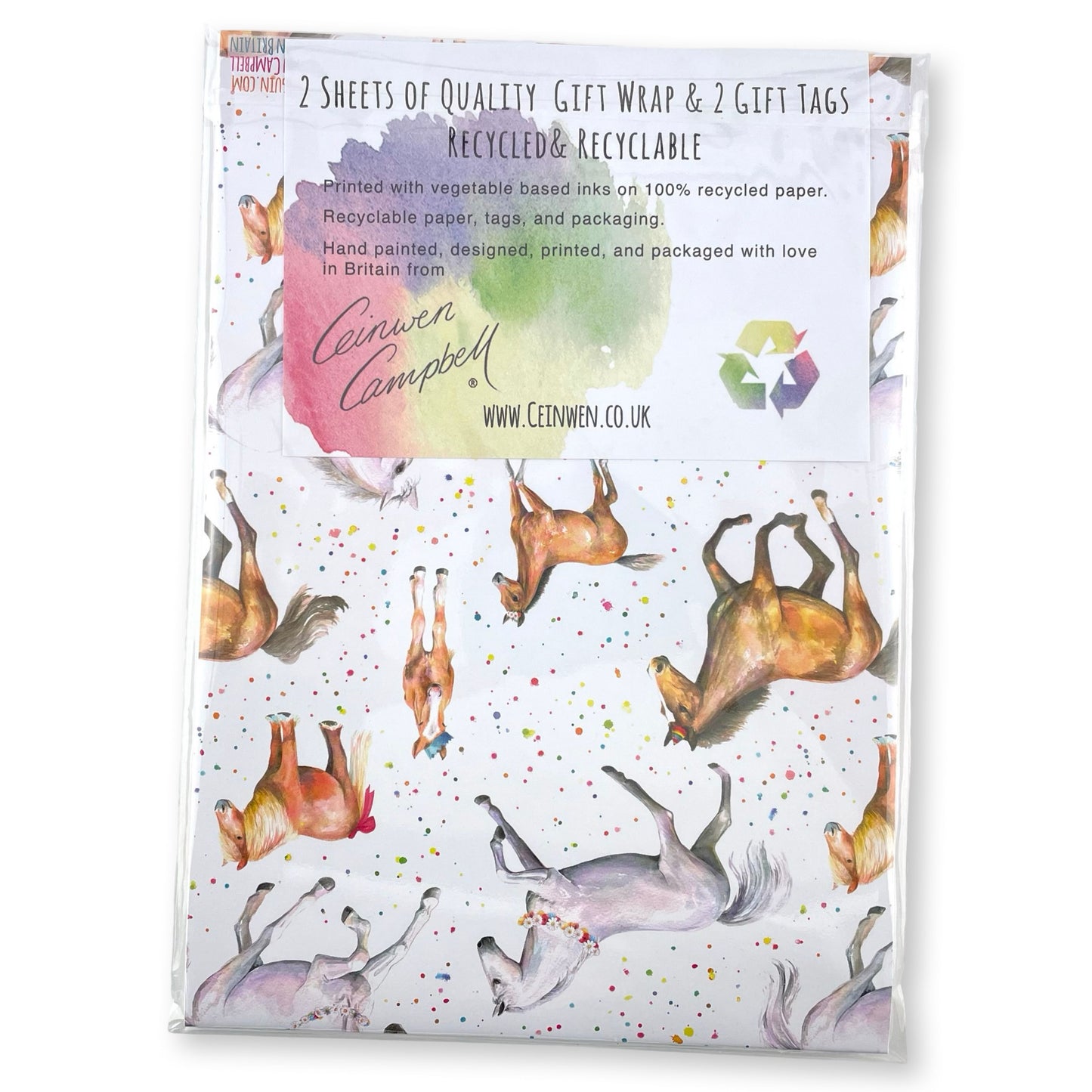 Fun, colourful horse and pony quality recycled and recyclable gift wrapping paper and matching rosette tags. Printed with vegetable based inks in England