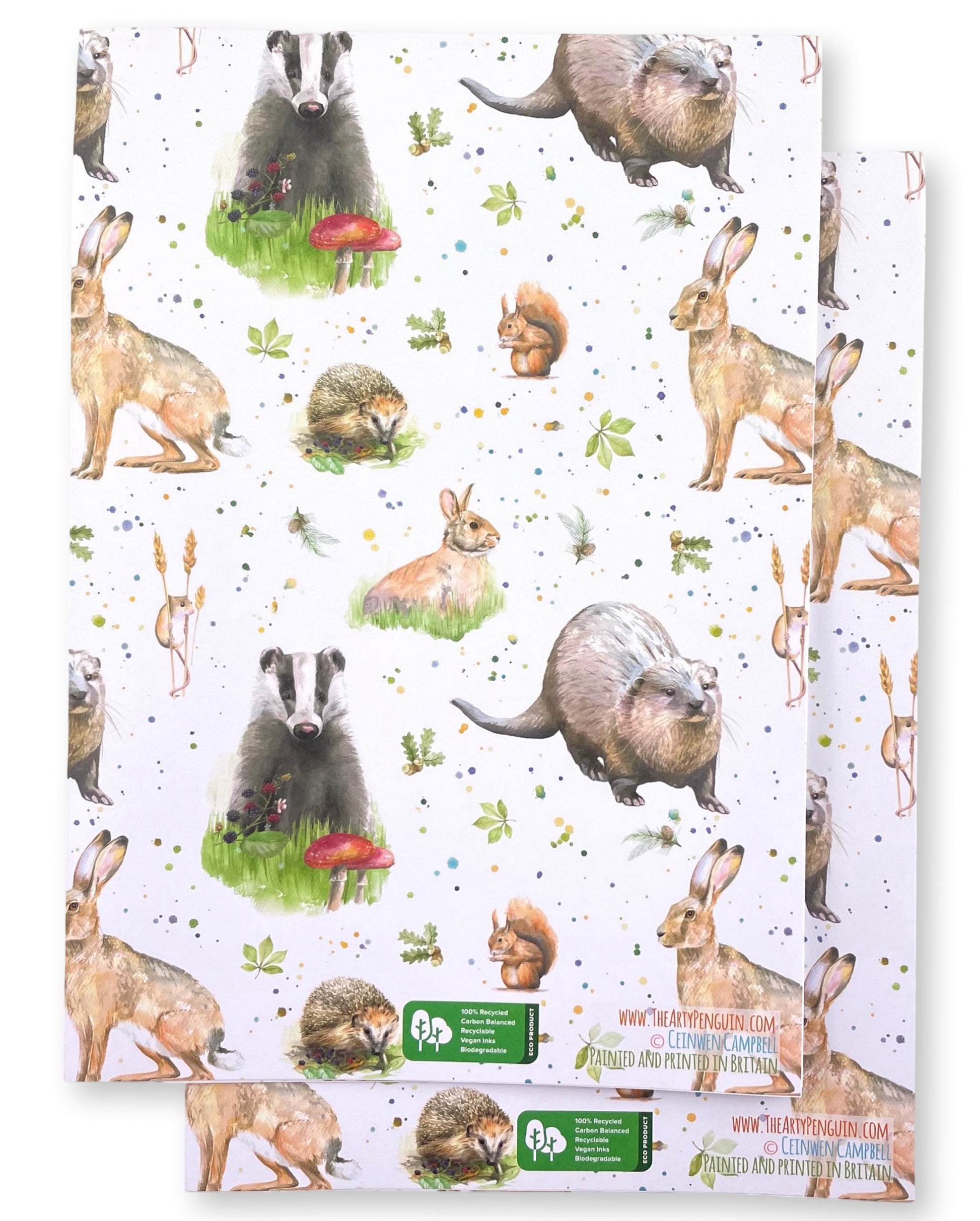 Otter , badger, hare, rabbit squirrel field mouse quality recycled and recyclable gift wrapping printed in England
