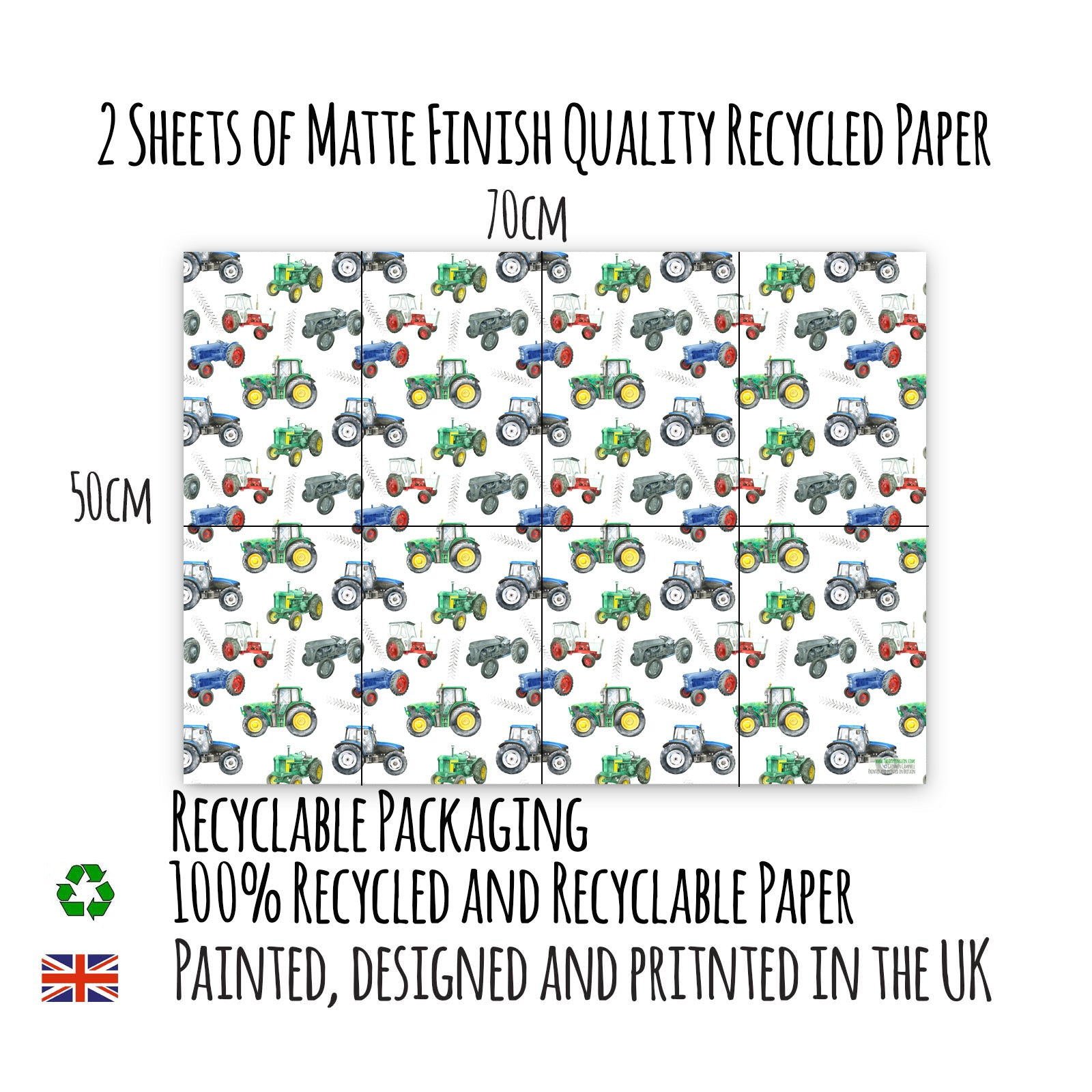 Modern and vintage hand painted tractor design of recycled and recyclable  gift wrapping paper  by Ceinwen Campbell