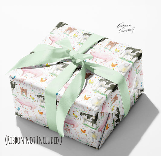 Farm Animal Wrapping Paper - Sheep, cows, pigs, hens  - and tags