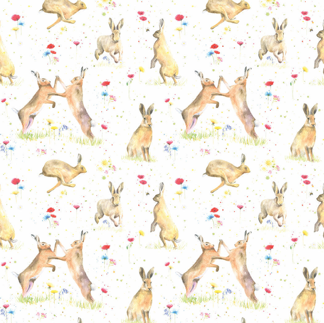 hares with poppies and wild flowers recycled and recyclable gift wrapping by Ceinwen Campbell