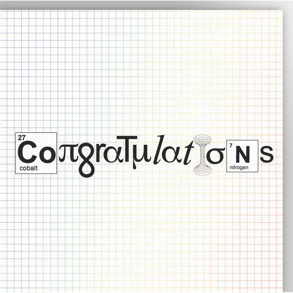 A square piece of white graph paper with a faint grid, featuring the word 'Congratulations' spelled out in black script and block lettering, with periodic table style boxes for the letters 'C' (cobalt) and 'N' (nitrogen).
