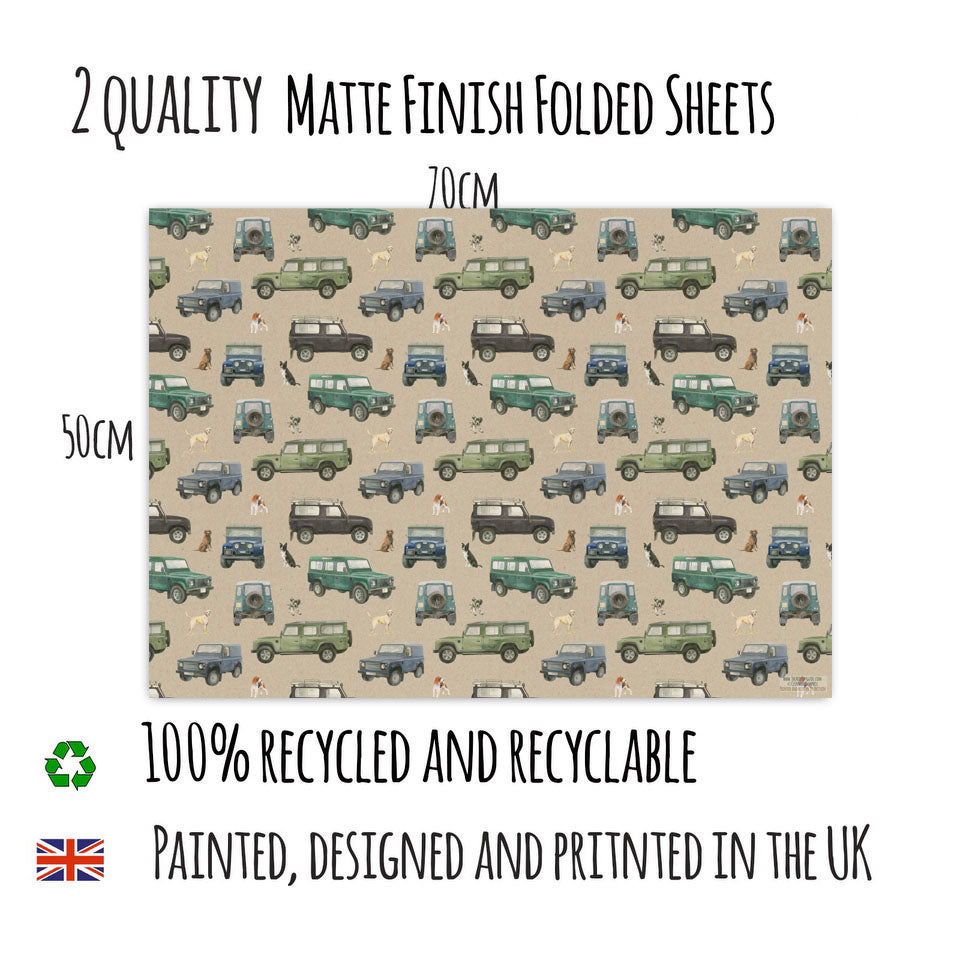 Defender off roader and working dog recycled gift wrapping by Ceinwen Campbell