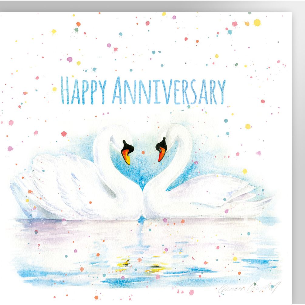 romantic swans anniversary card for silver wedding anniversary and other anniversaries by Ceinwen Campbell