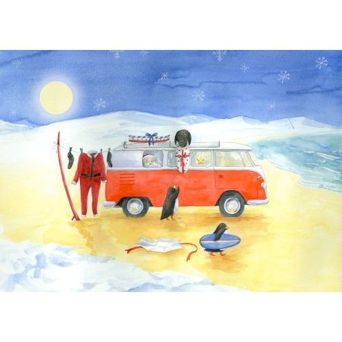 Split windscreen Campervan Inspired Christmas Cards with surfing penguins