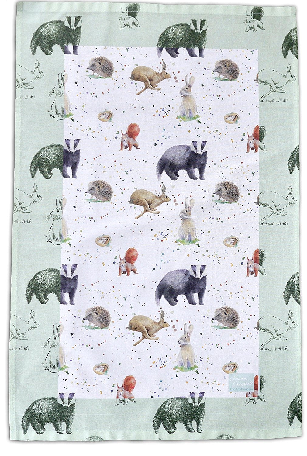 Country animals tea towel with illustrations (badger, hedgehog, red squirrel, hare, rabbit and dormouse ) by Ceinwen Campbell