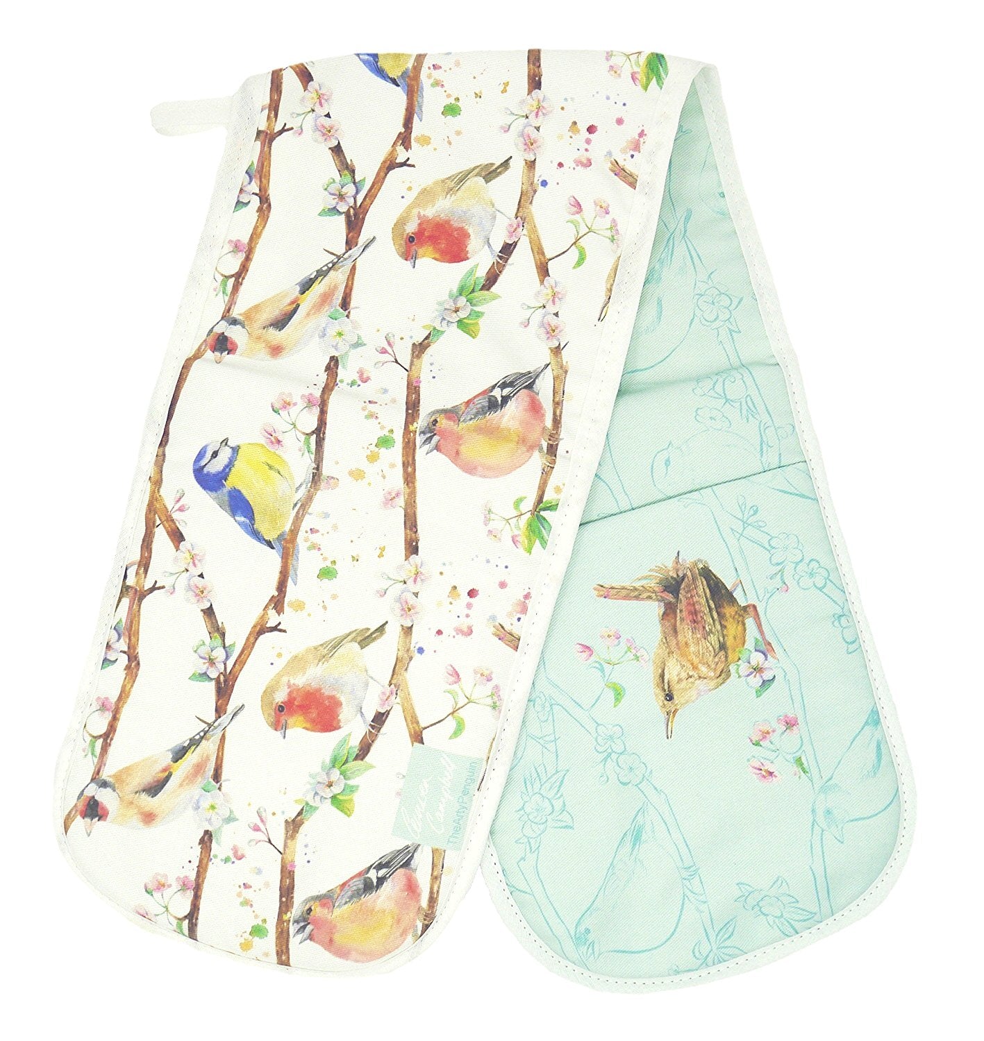 Garden birds robin wren blue tit chaffinch double oven gloves Ceinwen Campbell The Arty Penguin