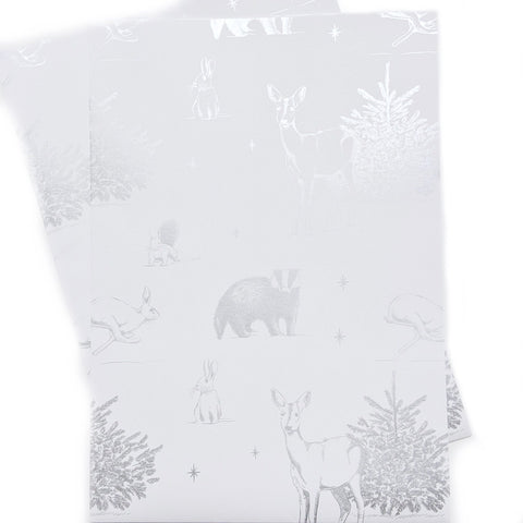 eco printed recyclable metallic Christmas paper with country animal line drawings by Ceinwen Campbell
