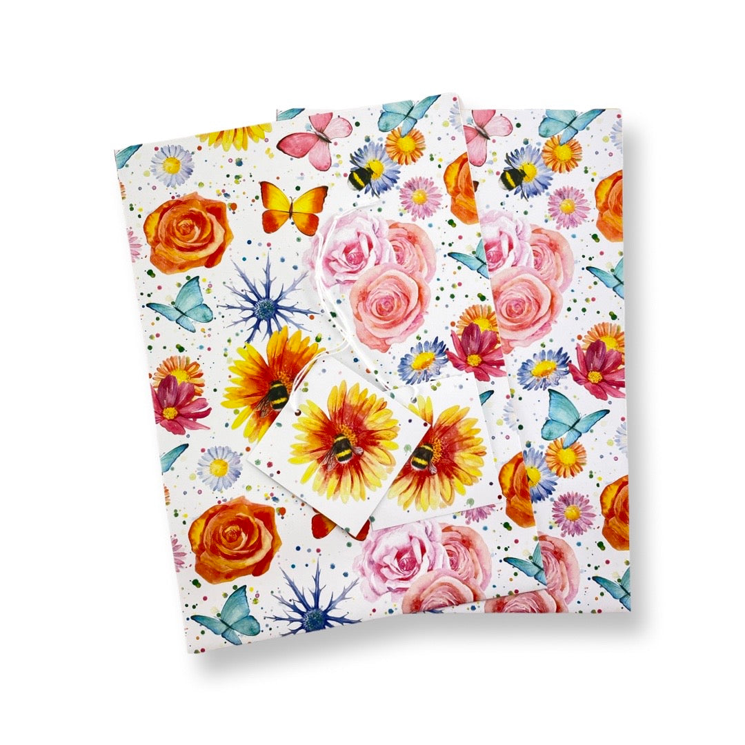 Beautiful floral bee and butterfly gift wrapping perfect form mother's day, birthday and any other occasion.