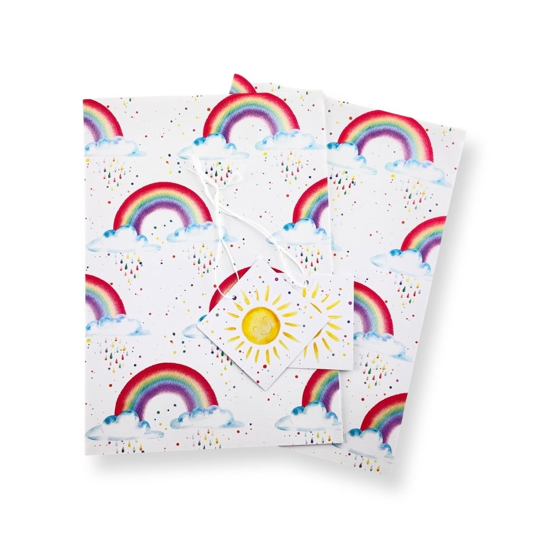 Rainbow and Raindrops Wrapping Paper with sunshine tags