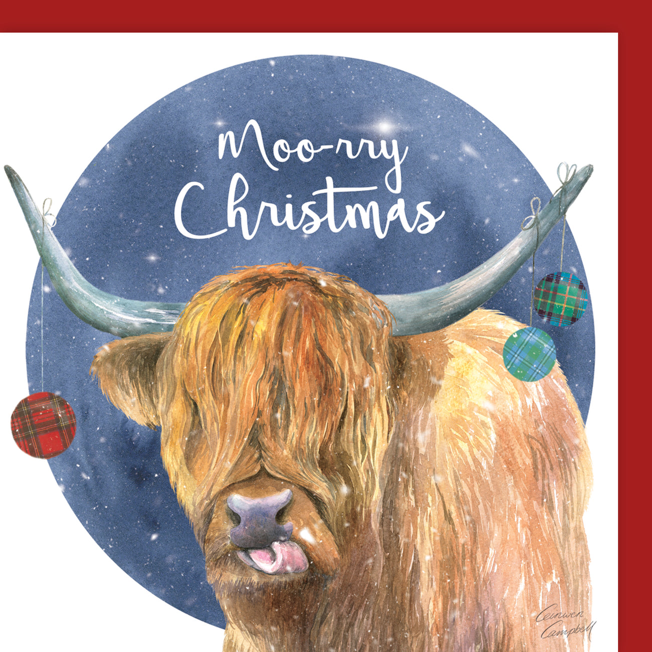Moo-ry Christmas Highland Cow Christmas card by Ceinwen Campbell