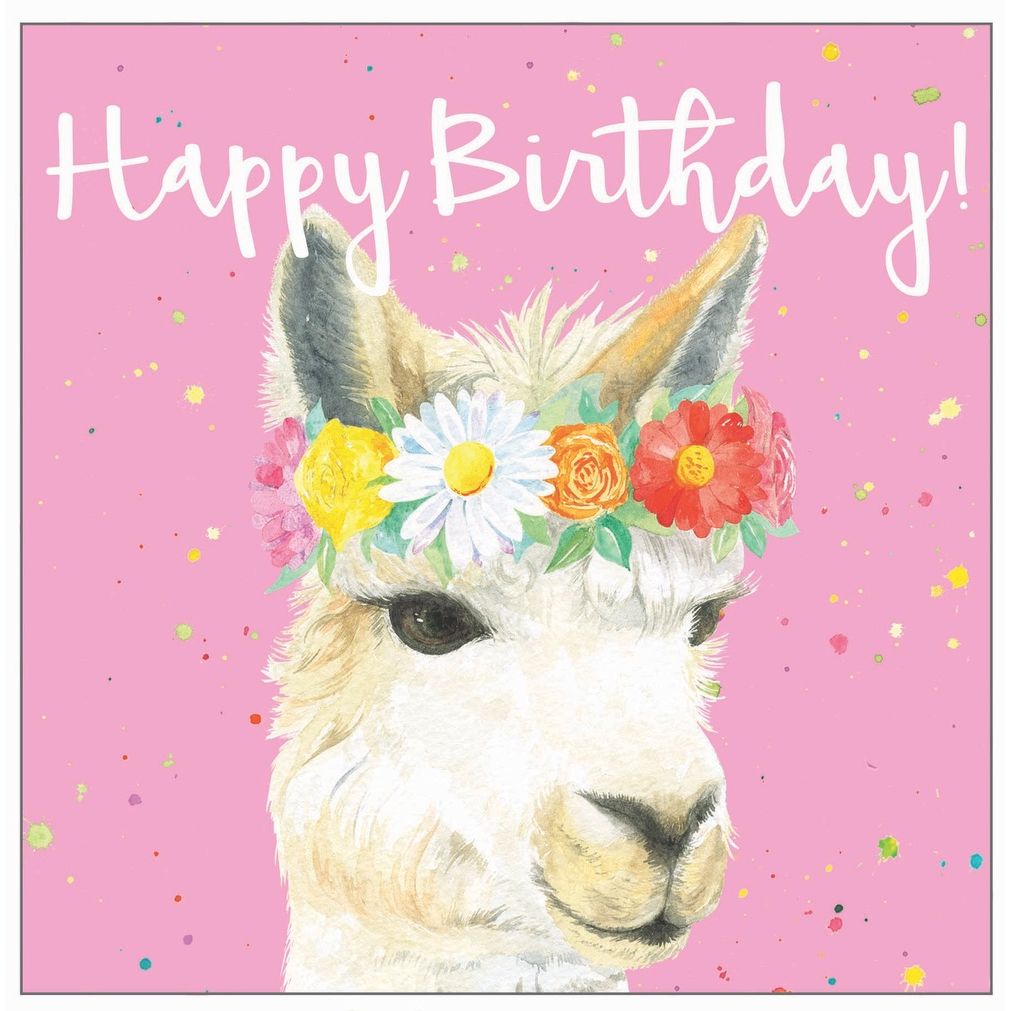 Llama in flower headdress birthday card by Ceinwen Campbell