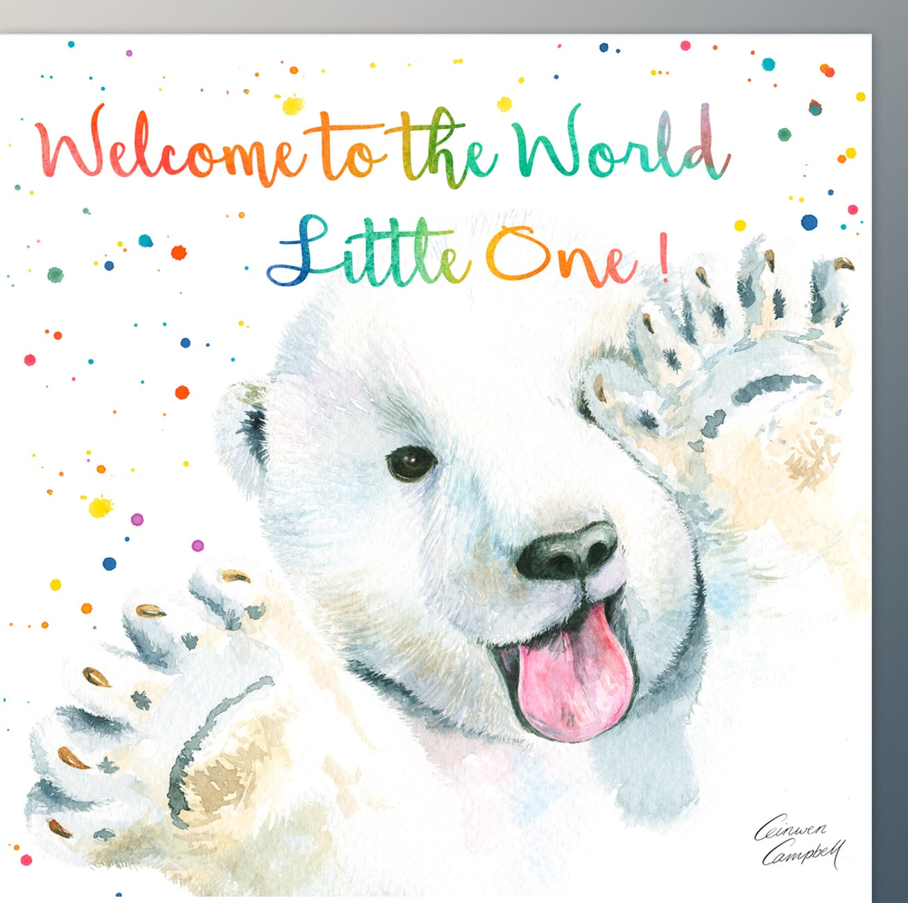 Gender neutral new baby polar bear cub card by Ceinwen Campbell printed in the UK
