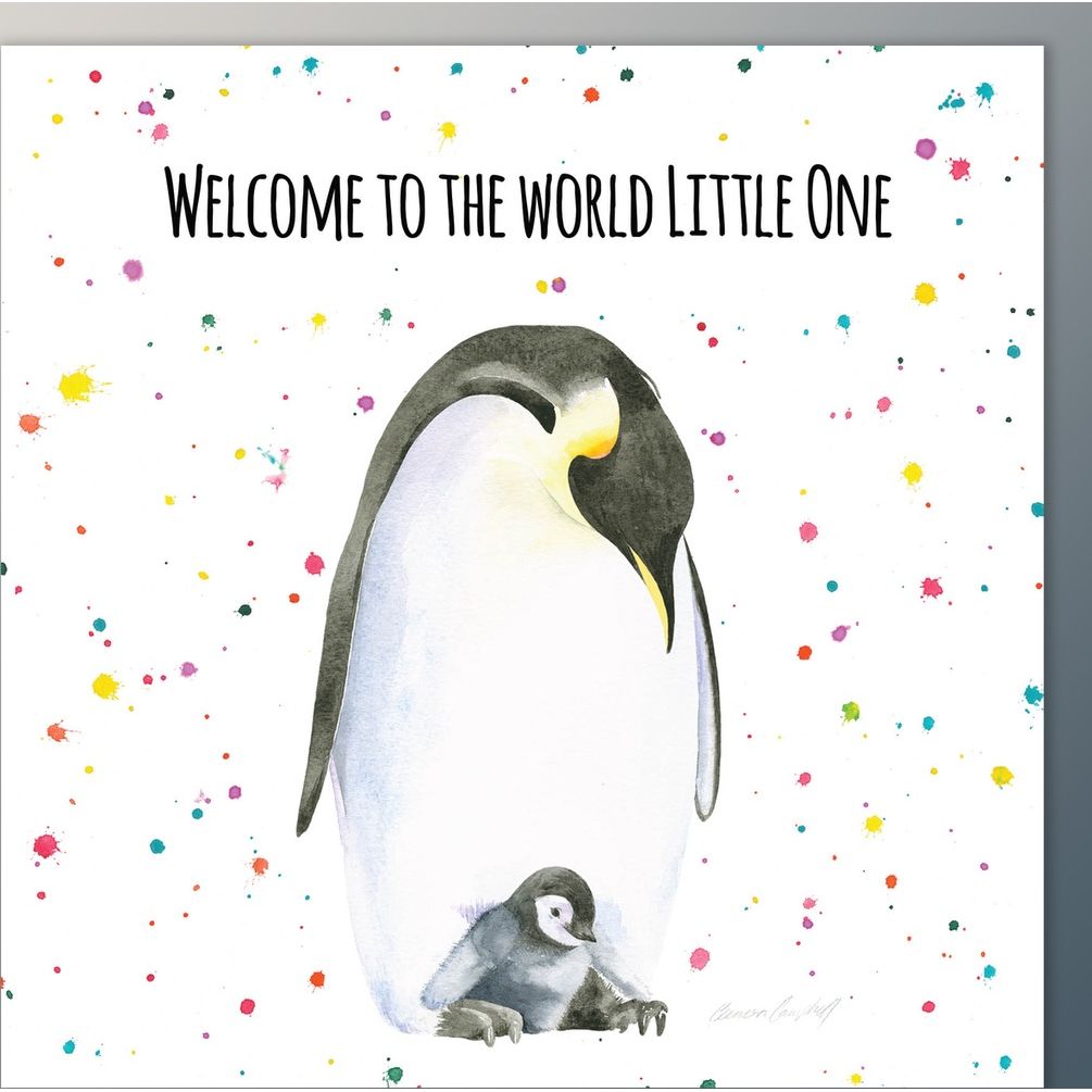 New baby quality Penguin and chick greetings card by Ceinwen Campbell