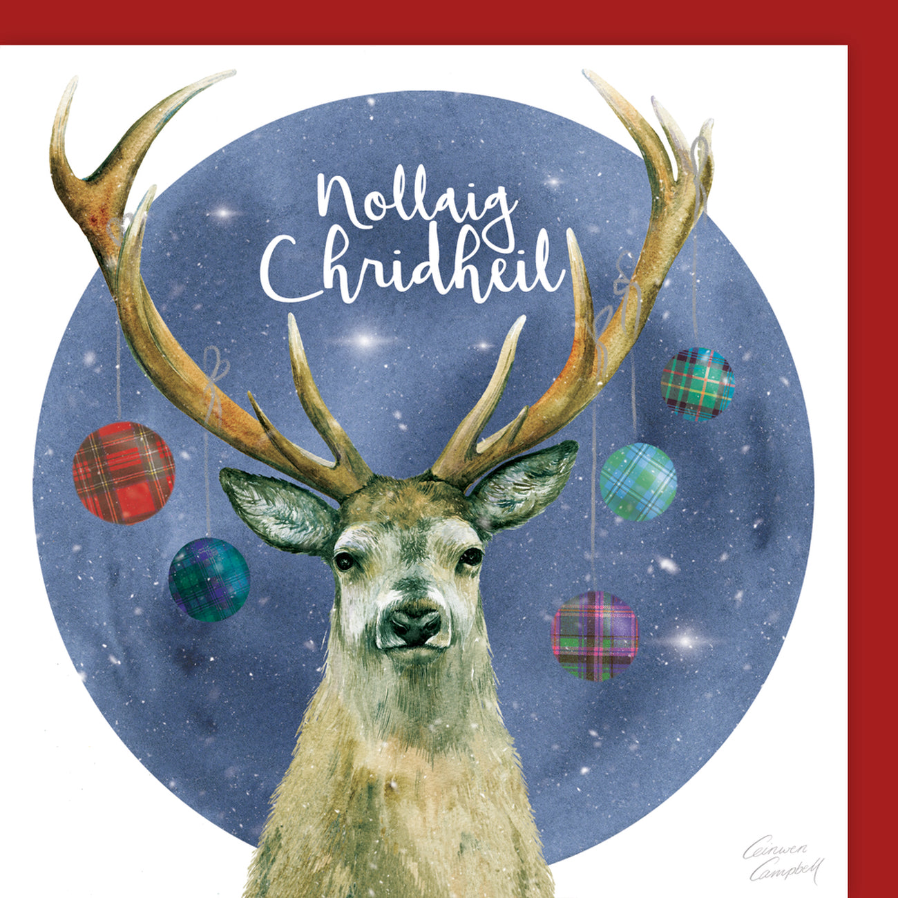 Nollaig Chridheil Scottish Gaelic Christmas car with stag and tartan baubles by Ceinwen Campbell