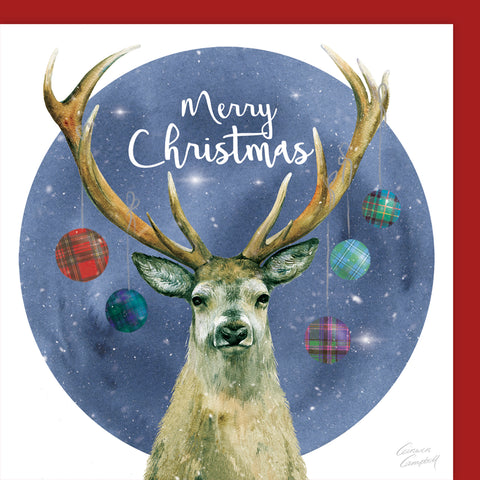 Scottish stag with Christmas baubles on antlers  by Ceinwen Campbell