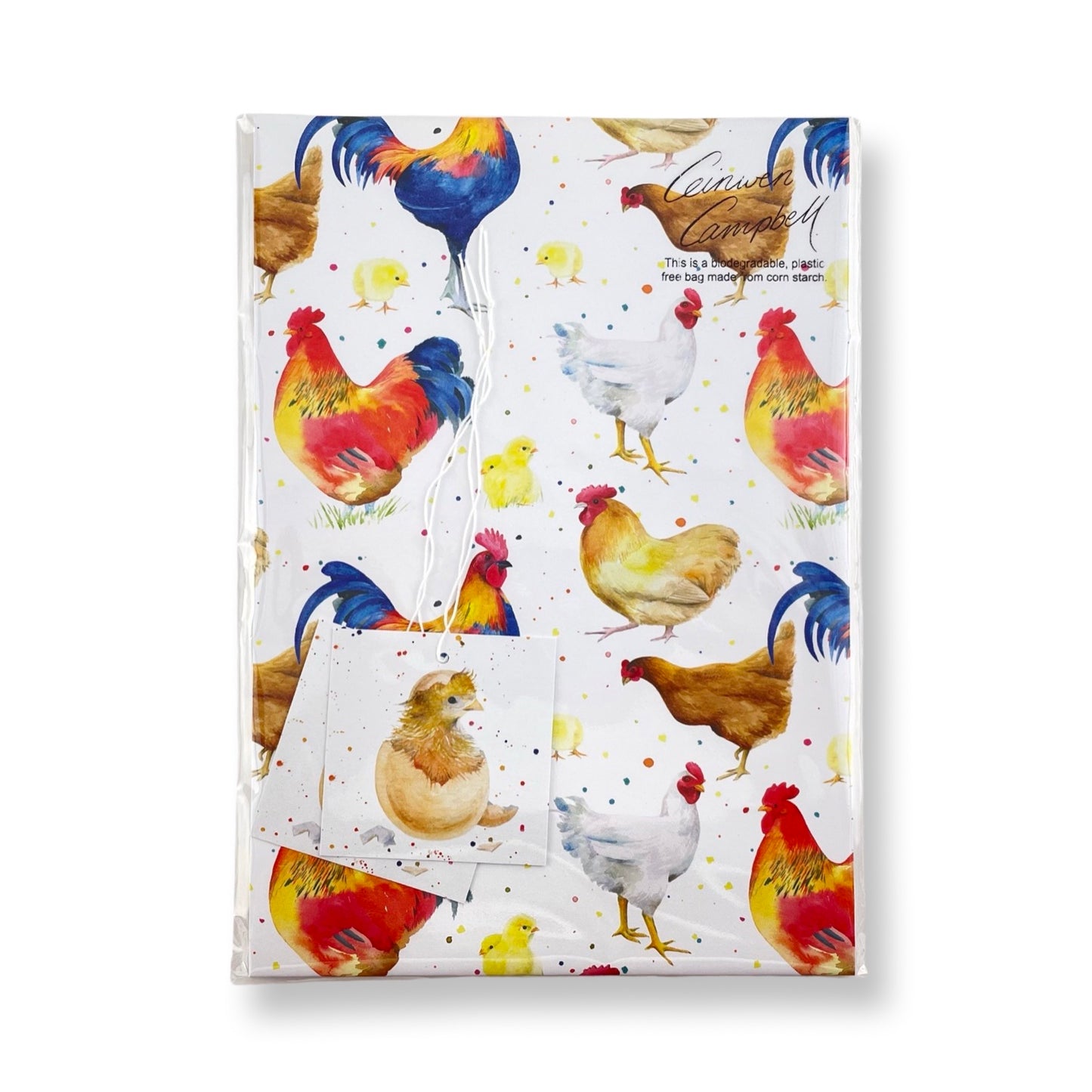 Recycled and recyclable chicken , hen and cockerel gift wrap by Ceinwen Campbell of The Arty Penguin