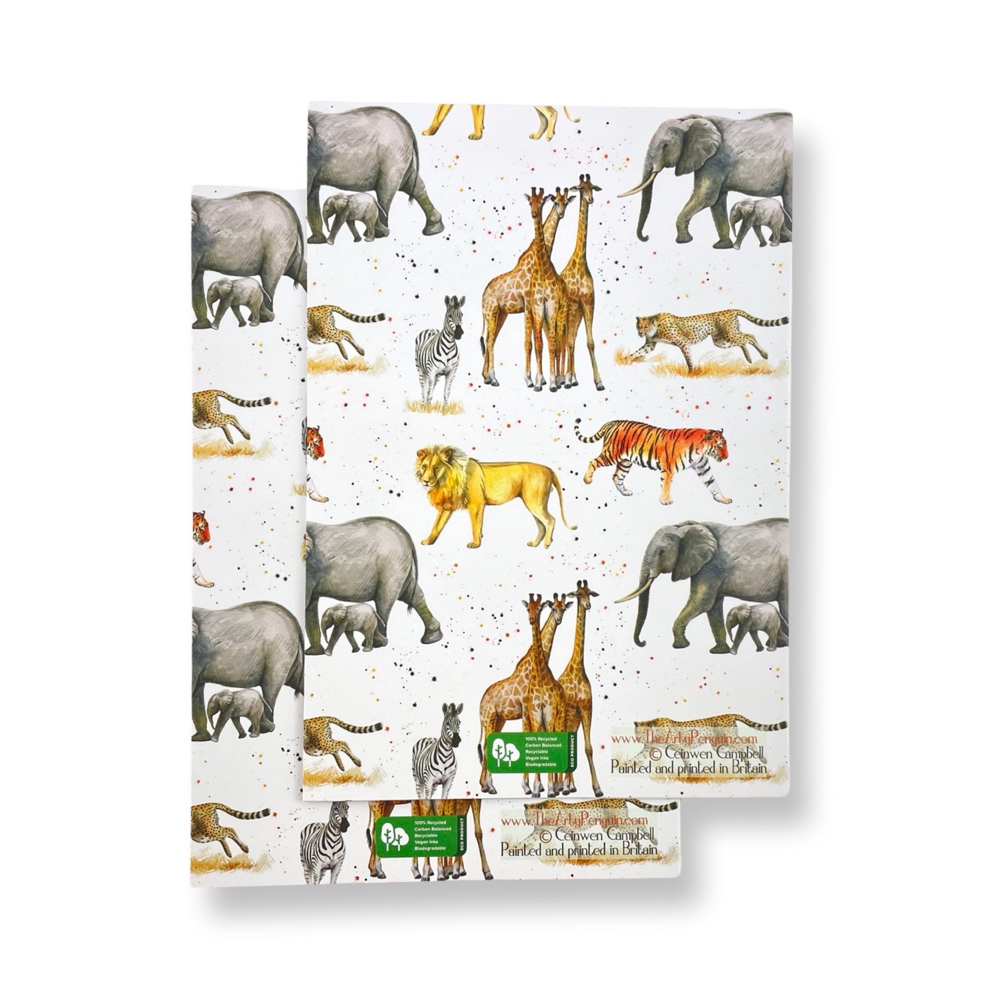 Giraffes, lions, tigers, zebras, cheetahs recycled and recyclable gift wrapping by Ceinwen Campbell and The Arty Penguin