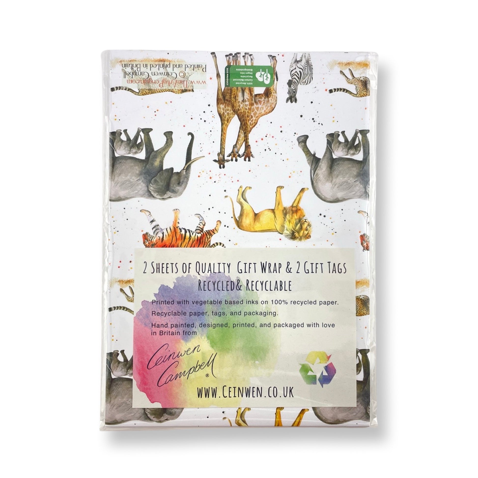 Giraffes, lions, tigers, zebras, cheetahs recycled and recyclable gift wrapping by Ceinwen Campbell and The Arty Penguin