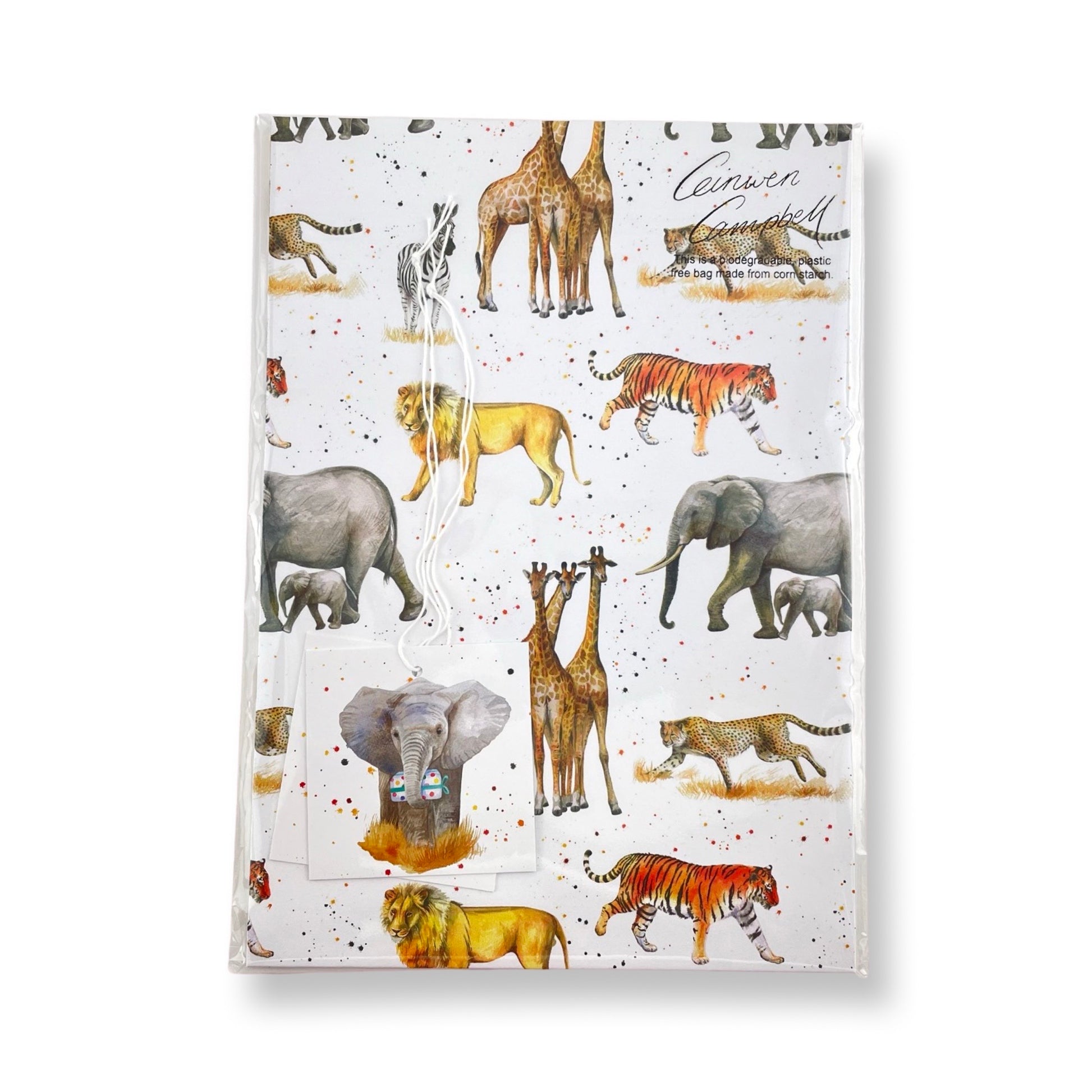 Giraffes, lions, tigers, zebras, cheetahs recycled and recyclable gift wrapping by Ceinwen Campbell and The Arty Penguin